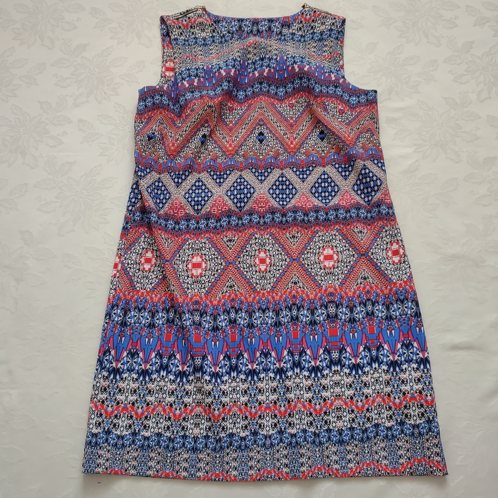 Gold zipper shoulder kaleidoscope graphic multi color dress